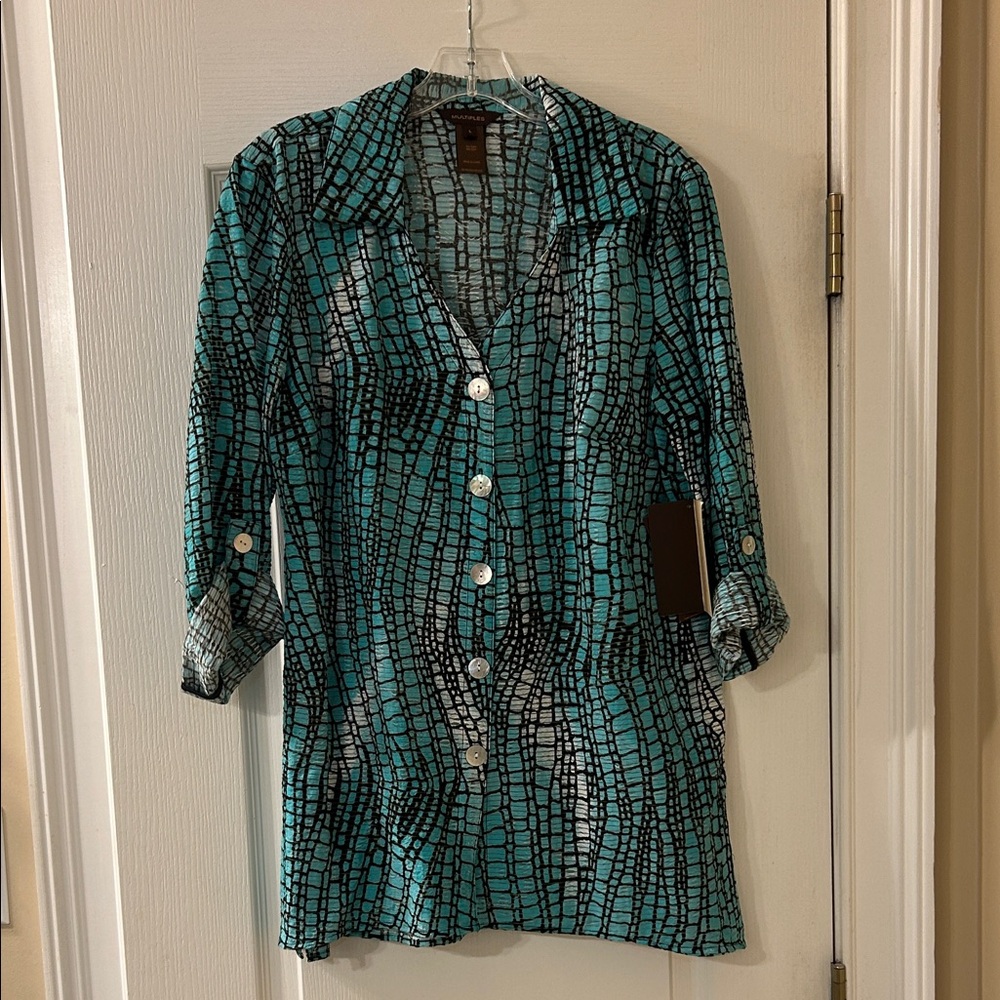 Multiples Turquoise and Black Patterned Shirt NWT - image 1